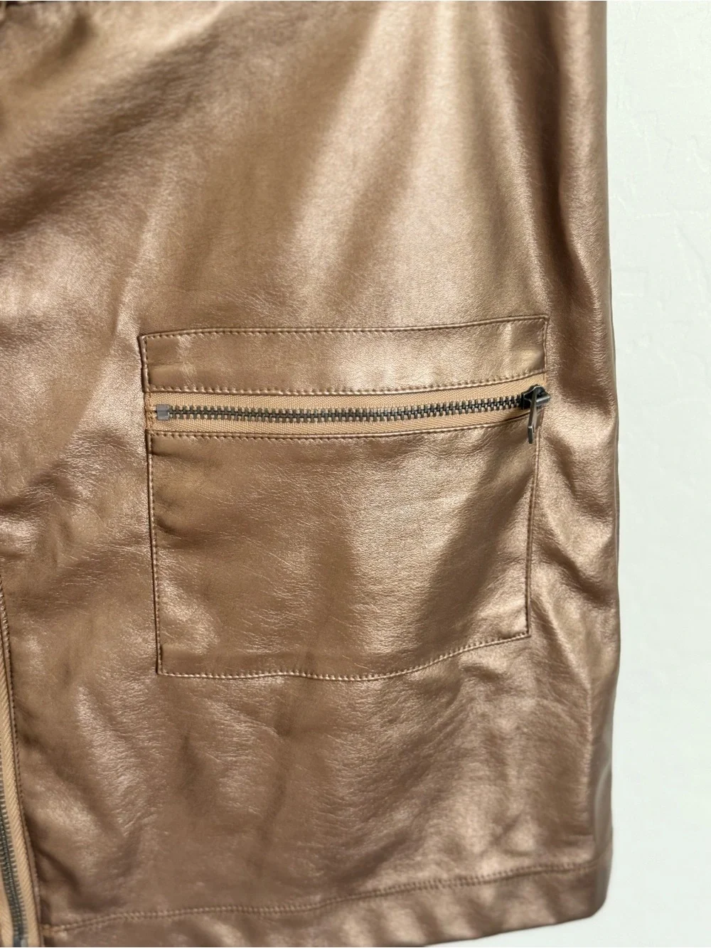 Urban Outfitters Bronze Metallic Faux Leather Zip-Front Mini Skirt Size M Y2K